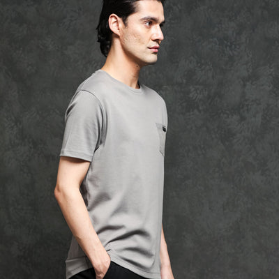 Rare Rabbit Men's Azul Grey Crew Neck With Contrast Nylon Pocket Half Sleeves T-Shirt