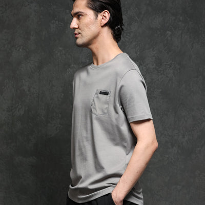 Rare Rabbit Men's Azul Grey Crew Neck With Contrast Nylon Pocket Half Sleeves T-Shirt