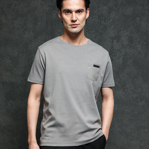 Rare Rabbit Men's Azul Grey Crew Neck With Contrast Nylon Pocket Half Sleeves T-Shirt