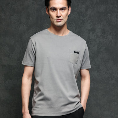 Rare Rabbit Men's Azul Grey Crew Neck With Contrast Nylon Pocket Half Sleeves T-Shirt