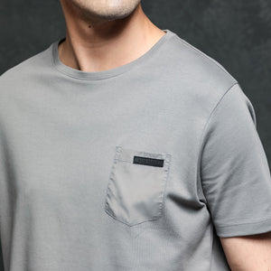 Rare Rabbit Men's Azul Grey Crew Neck With Contrast Nylon Pocket Half Sleeves T-Shirt