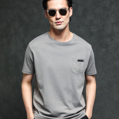 Rare Rabbit Men's Azul Grey Crew Neck With Contrast Nylon Pocket Half Sleeves T-Shirt