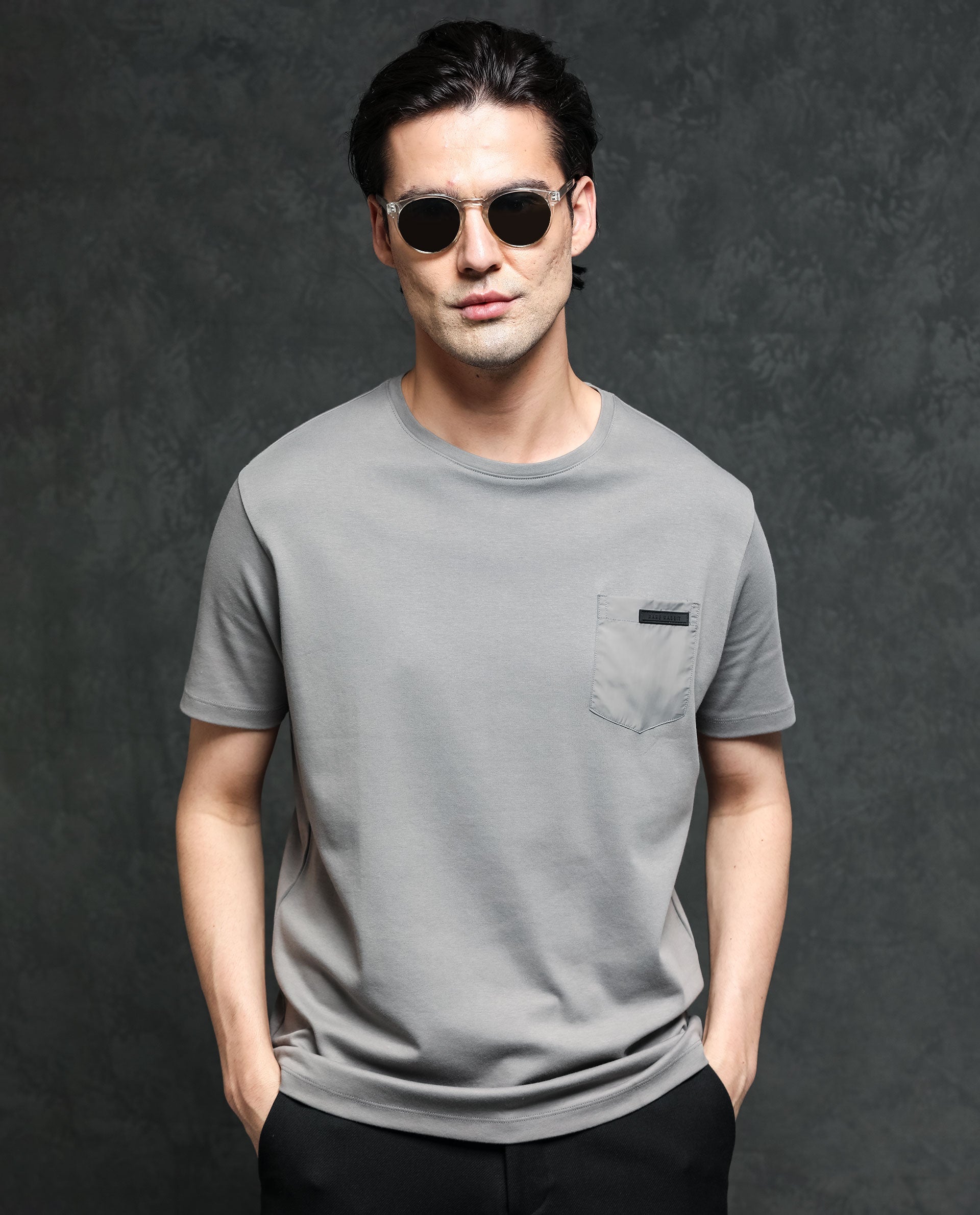 Rare Rabbit Men's Azul Grey Crew Neck With Contrast Nylon Pocket Half Sleeves T-Shirt