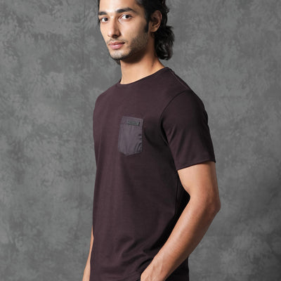 Rare Rabbit Men's Azul Maroon Crew Neck With Contrast Nylon Pocket Half Sleeves T-Shirt