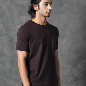 Rare Rabbit Men's Azul Maroon Crew Neck With Contrast Nylon Pocket Half Sleeves T-Shirt