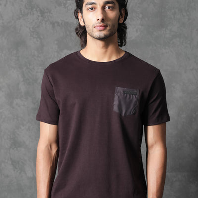 Rare Rabbit Men's Azul Maroon Crew Neck With Contrast Nylon Pocket Half Sleeves T-Shirt