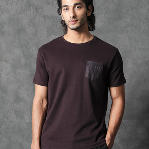 Rare Rabbit Men's Azul Maroon Crew Neck With Contrast Nylon Pocket Half Sleeves T-Shirt