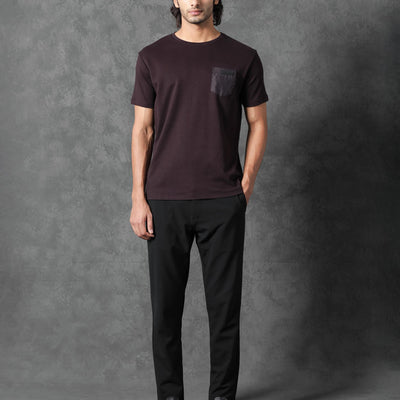 Rare Rabbit Men's Azul Maroon Crew Neck With Contrast Nylon Pocket Half Sleeves T-Shirt