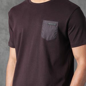 Rare Rabbit Men's Azul Maroon Crew Neck With Contrast Nylon Pocket Half Sleeves T-Shirt