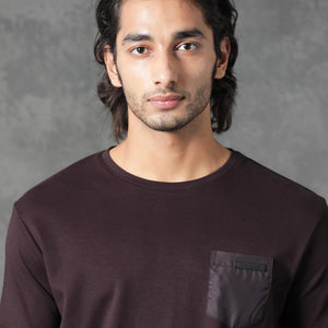 Rare Rabbit Men's Azul Maroon Crew Neck With Contrast Nylon Pocket Half Sleeves T-Shirt