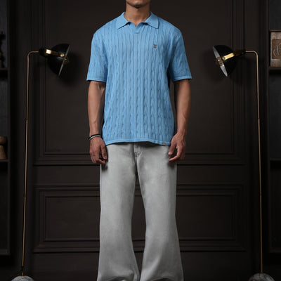 Pristine Cable Knit Polo -  Cornflower Blue