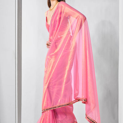 Mirror Work Lace Organza Saree With Blouse Piece