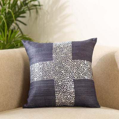 Black - Aari Embroidery Sequin Work Ghicha Silk Cushion Cover (16 x 16 in)