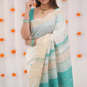 Embellished Beige Cotton Silk Saree With Ravishing Blouse Piece