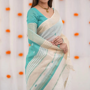 Embellished Beige Cotton Silk Saree With Ravishing Blouse Piece