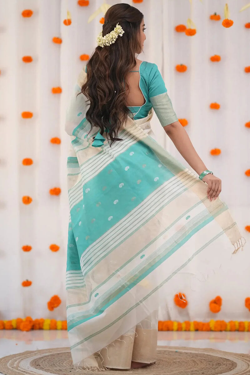 Embellished Beige Cotton Silk Saree With Ravishing Blouse Piece