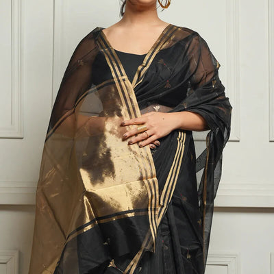 Imaginative Black Cotton Silk Saree With Desirable Blouse Piece