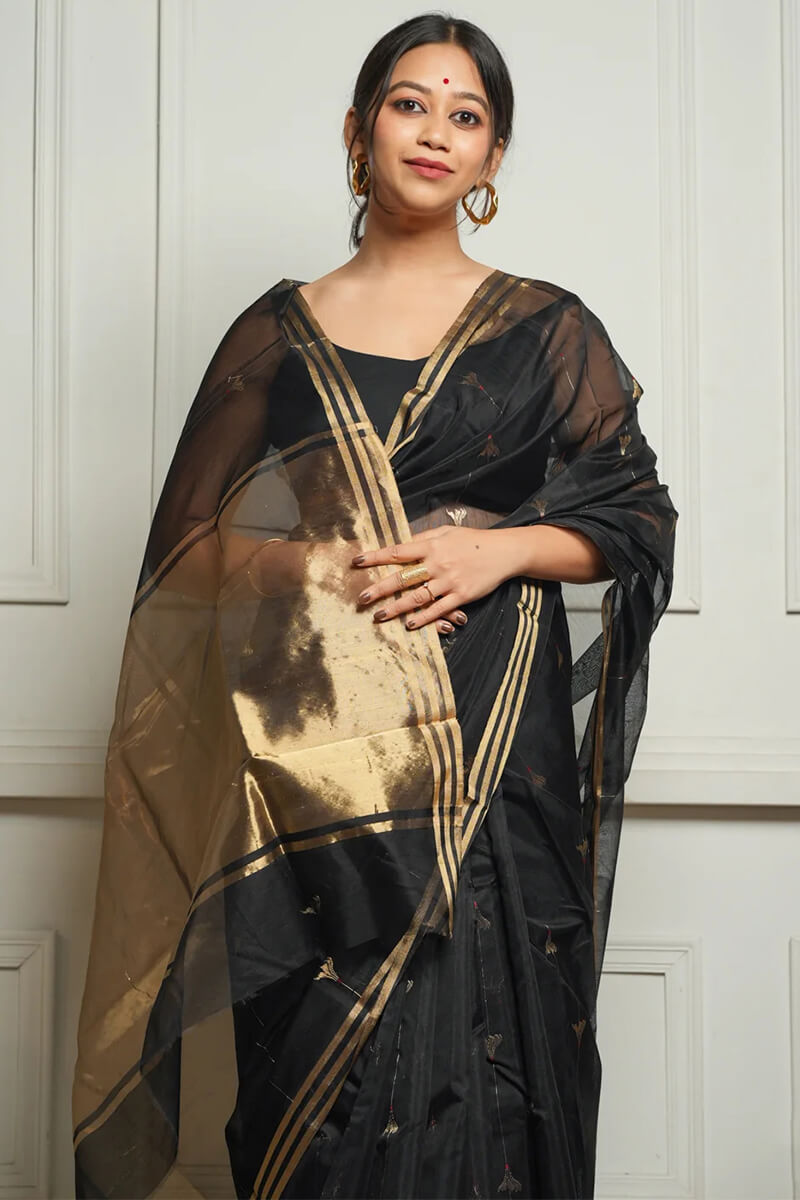Imaginative Black Cotton Silk Saree With Desirable Blouse Piece