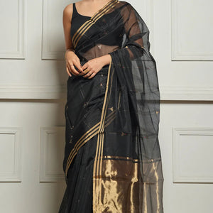 Imaginative Black Cotton Silk Saree With Desirable Blouse Piece
