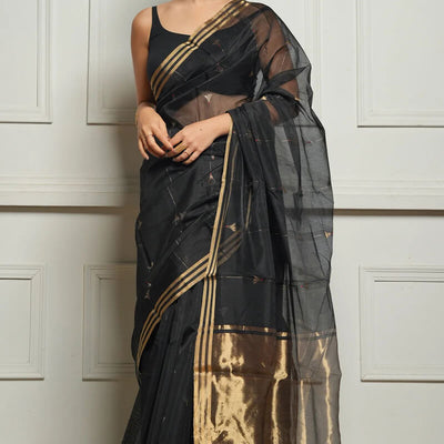 Imaginative Black Cotton Silk Saree With Desirable Blouse Piece