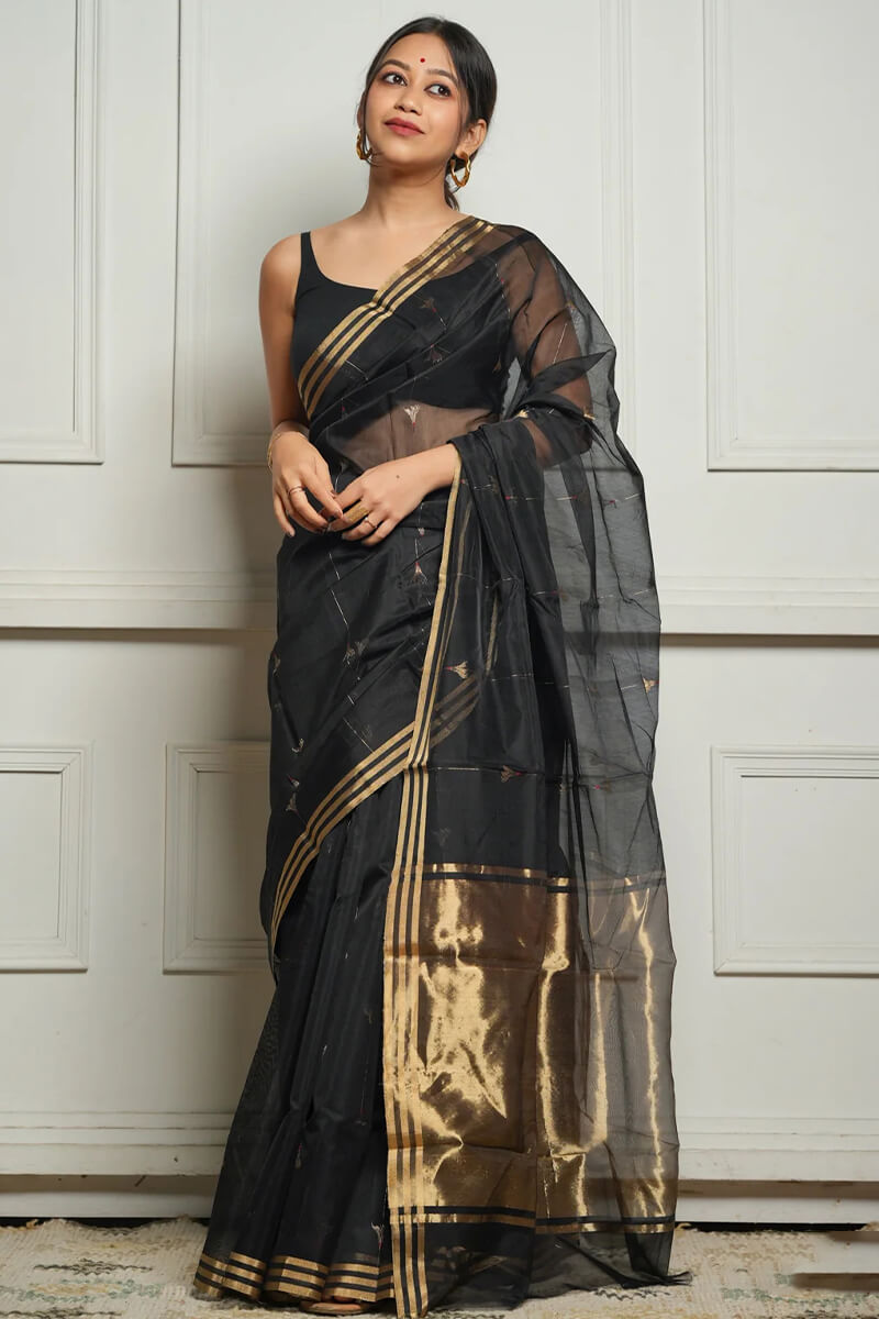 Imaginative Black Cotton Silk Saree With Desirable Blouse Piece