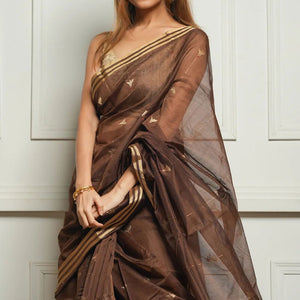 Embellished Brown Cotton Silk Saree With Felicitous Blouse Piece