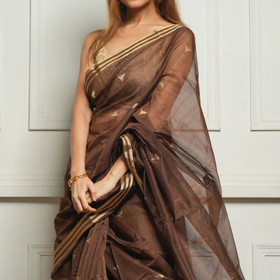 Embellished Brown Cotton Silk Saree With Felicitous Blouse Piece