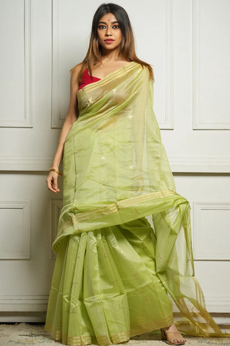 Deserving Pista Cotton Silk Saree With Demesne Blouse Piece