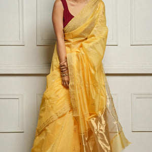 Ravishing Yellow Cotton Silk Saree With Marvellous Blouse Piece