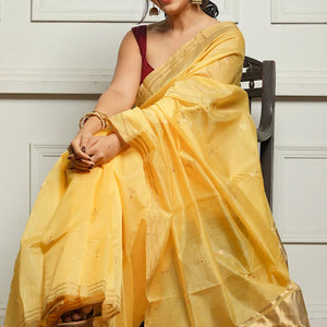 Ravishing Yellow Cotton Silk Saree With Marvellous Blouse Piece
