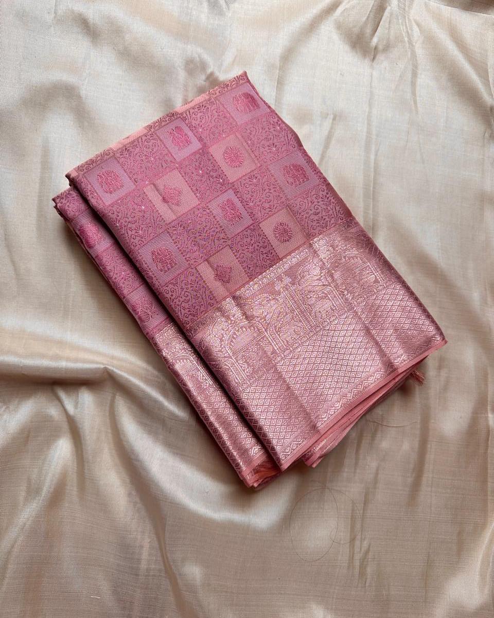 Innovative Baby Pink Soft Silk Saree With Vestigial Blouse Piece