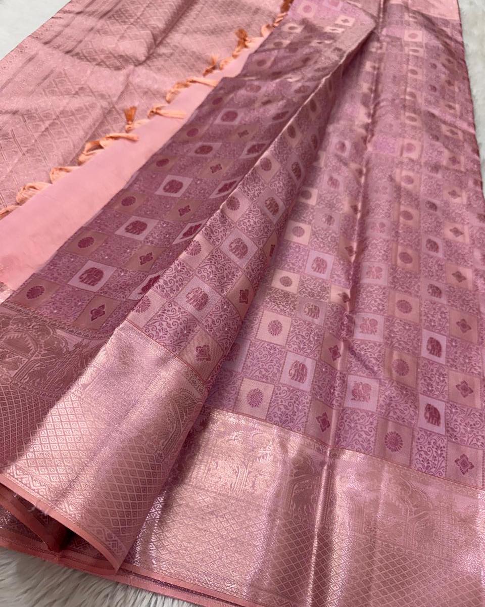Innovative Baby Pink Soft Silk Saree With Vestigial Blouse Piece