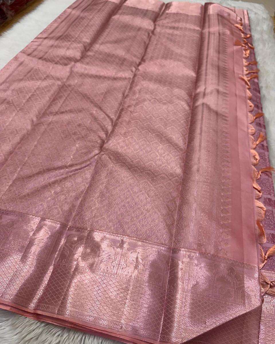 Innovative Baby Pink Soft Silk Saree With Vestigial Blouse Piece