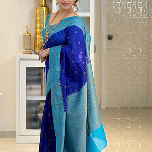 Skinny Blue Soft Silk Saree With Designer Blouse Piece