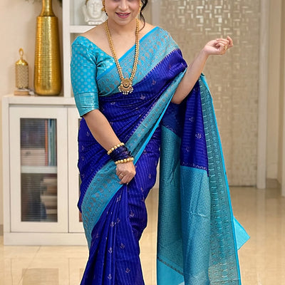 Skinny Blue Soft Silk Saree With Designer Blouse Piece