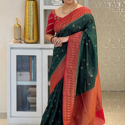 Enamoring Dark Green Soft Silk Saree With Jazzy Blouse Piece