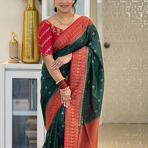 Enamoring Dark Green Soft Silk Saree With Jazzy Blouse Piece