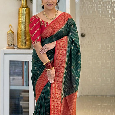 Enamoring Dark Green Soft Silk Saree With Jazzy Blouse Piece
