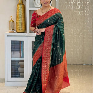 Enamoring Dark Green Soft Silk Saree With Jazzy Blouse Piece