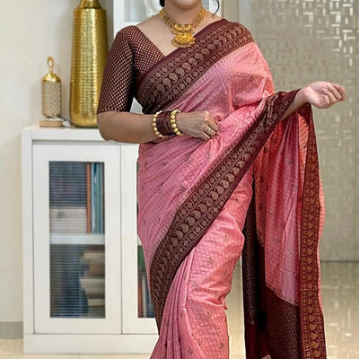 Fantabulous Pink Soft Silk Saree With Attractive Blouse Piece