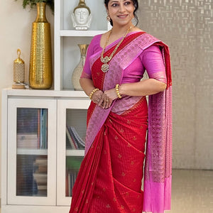 Eclat Red Soft Silk Saree With Blooming Blouse Piece