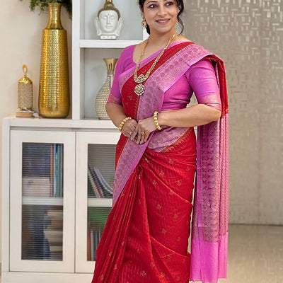 Eclat Red Soft Silk Saree With Blooming Blouse Piece