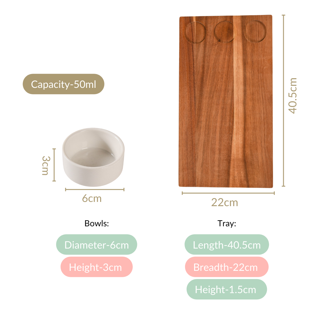 Acacia Wood Cheeseboard With Set Of 3 Small Bowls 50ml