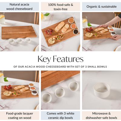 Acacia Wood Cheeseboard With Set Of 3 Small Bowls 50ml