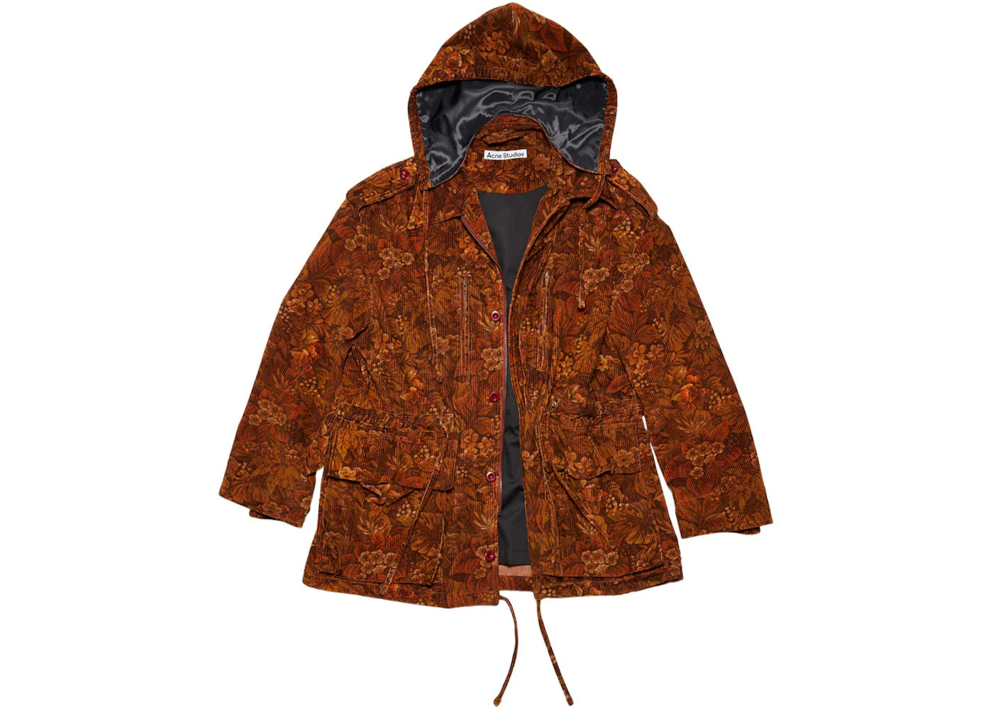 Acne Studios Flower Print Corduroy Relaxed Fit Parka Jacket Rust Red