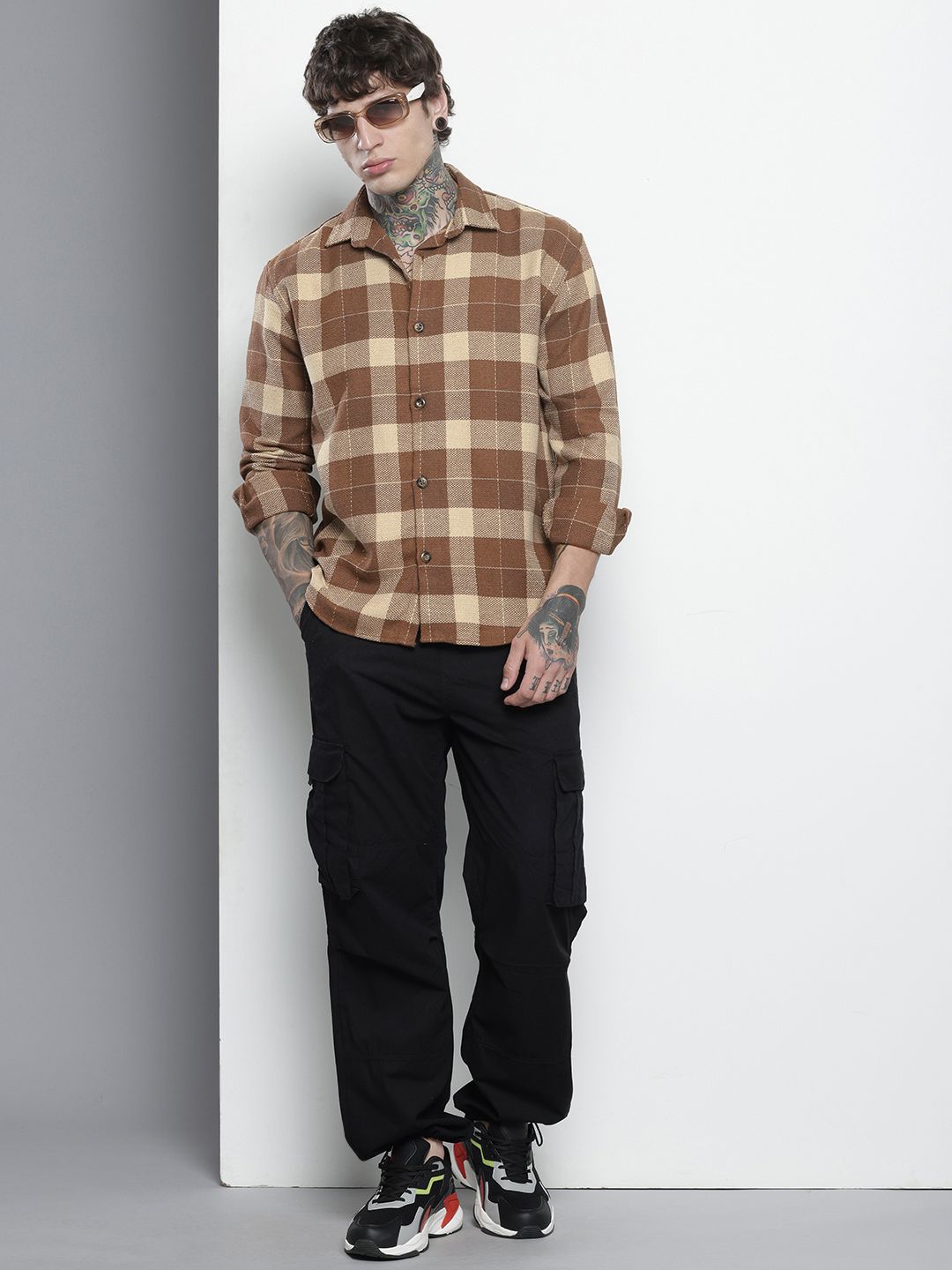 Men's Brown Relaxed Fit Checked Resort Wear Shirt
