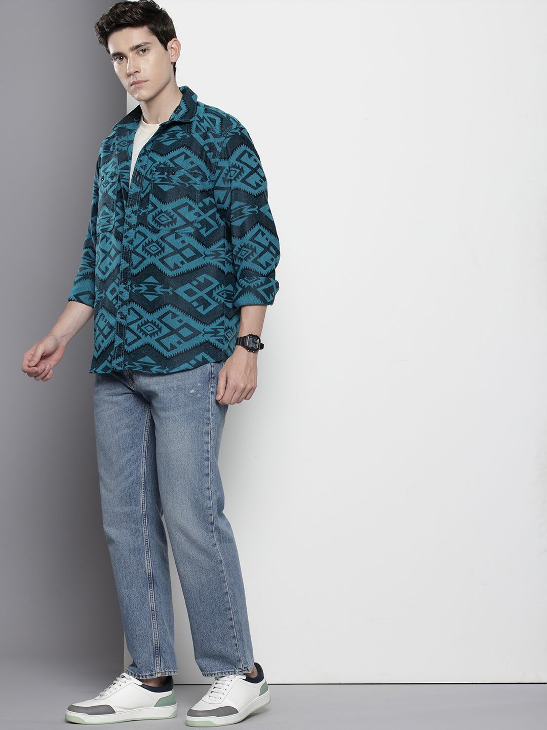 Men's Blue Relaxed Fit Textured Resort Wear Shirt
