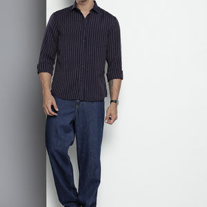 Men's Navy Blue Slim Fit Striped Casual Shirt