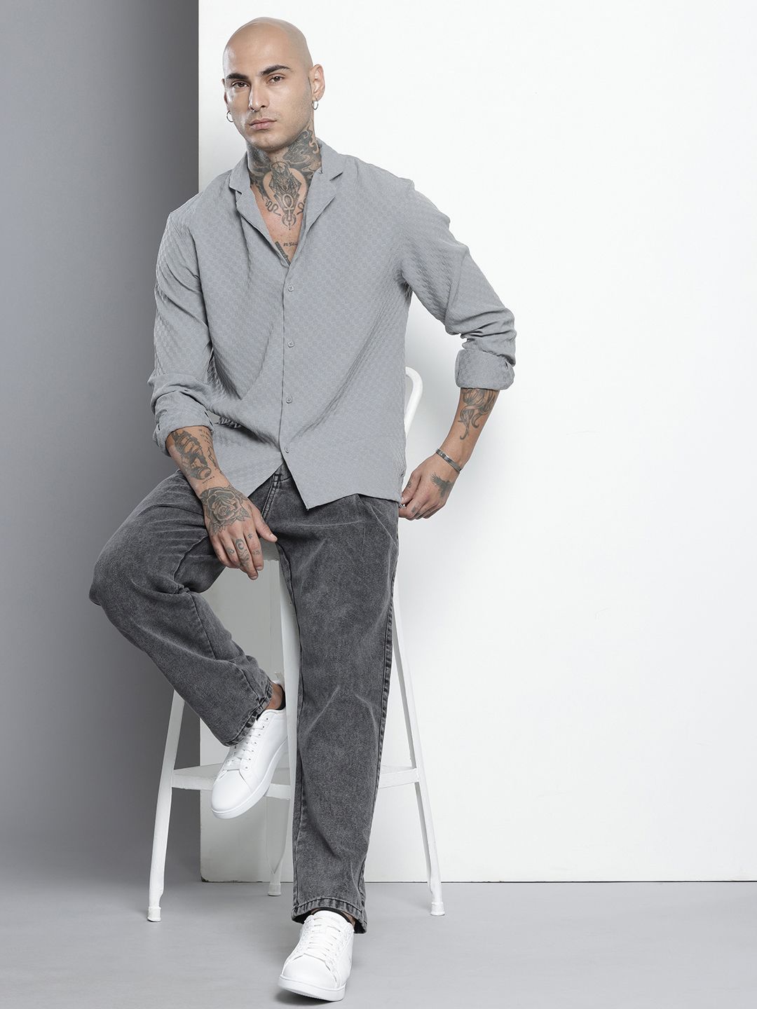 Men's Grey Relaxed Fit Solid Resort Wear Shirt