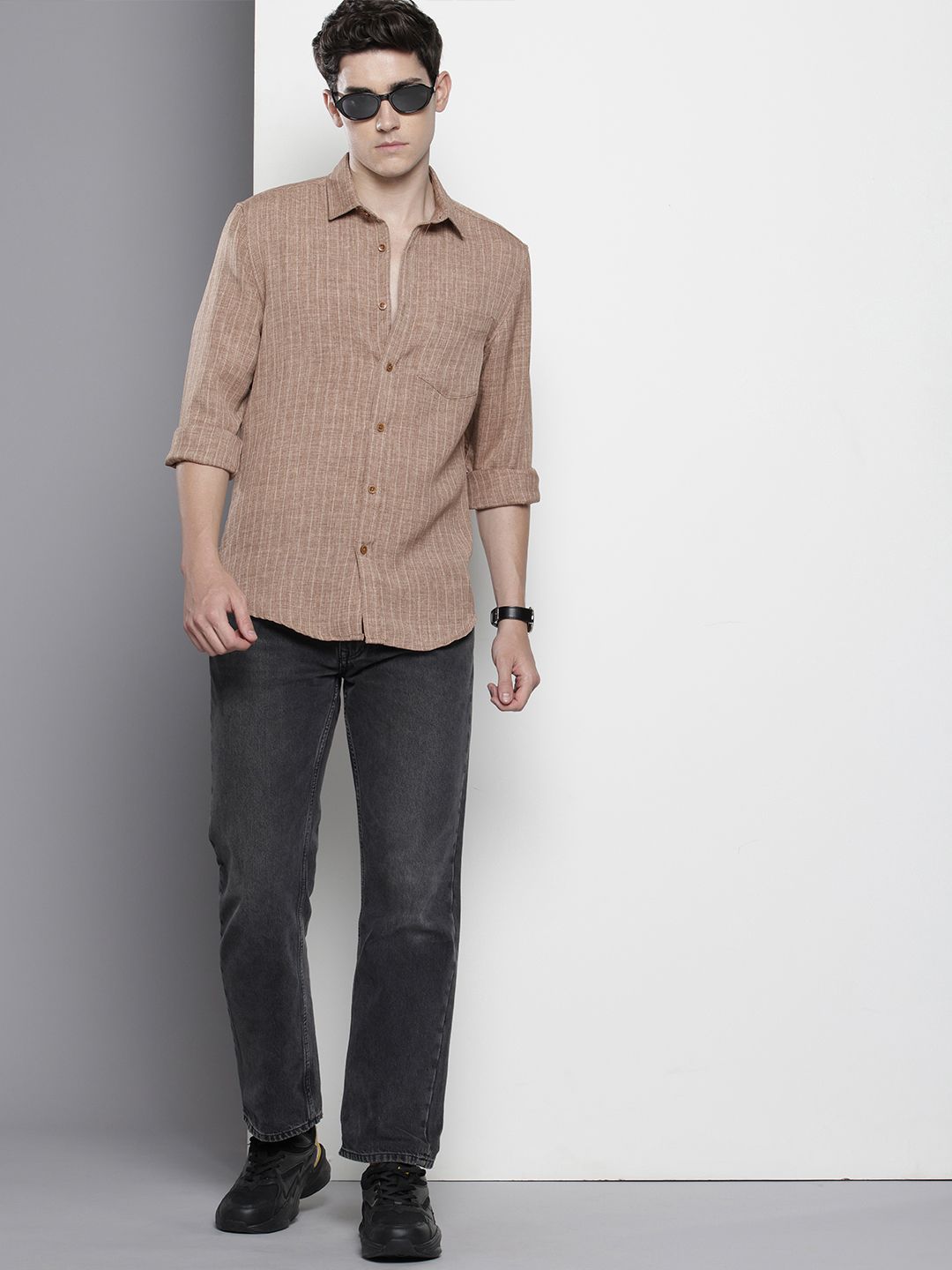 Men's Brown Slim Fit Striped Casual Shirt